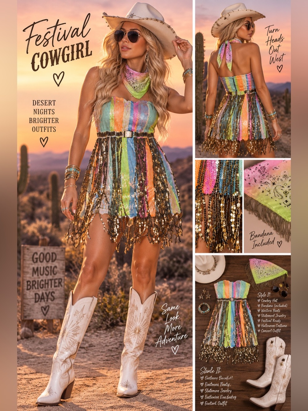 Rainbow Sequin Fringe Mini Dress + Bandana - 1205-1209